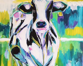 Colorful  canvas cow painting pop art original handmade drawing Size 23.6/27.5 inches