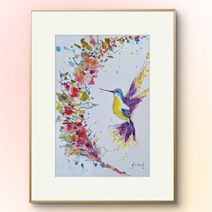 hummingbird painting handmade painting watercolor on cotton paper sells the original  size 7.8/11.8 inchs