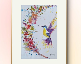 hummingbird painting handmade painting watercolor on cotton paper sells the original  size 7.8/11.8 inchs