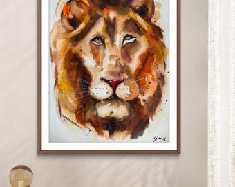 Original Watercolor Lion Head Painting, Vibrant Animal Portrait (11x15 in)