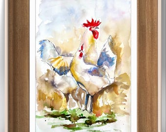 Roosters Watercolor Painting, Farm Animal Wall Art, Kitchen Decor (22/15.7 inches)