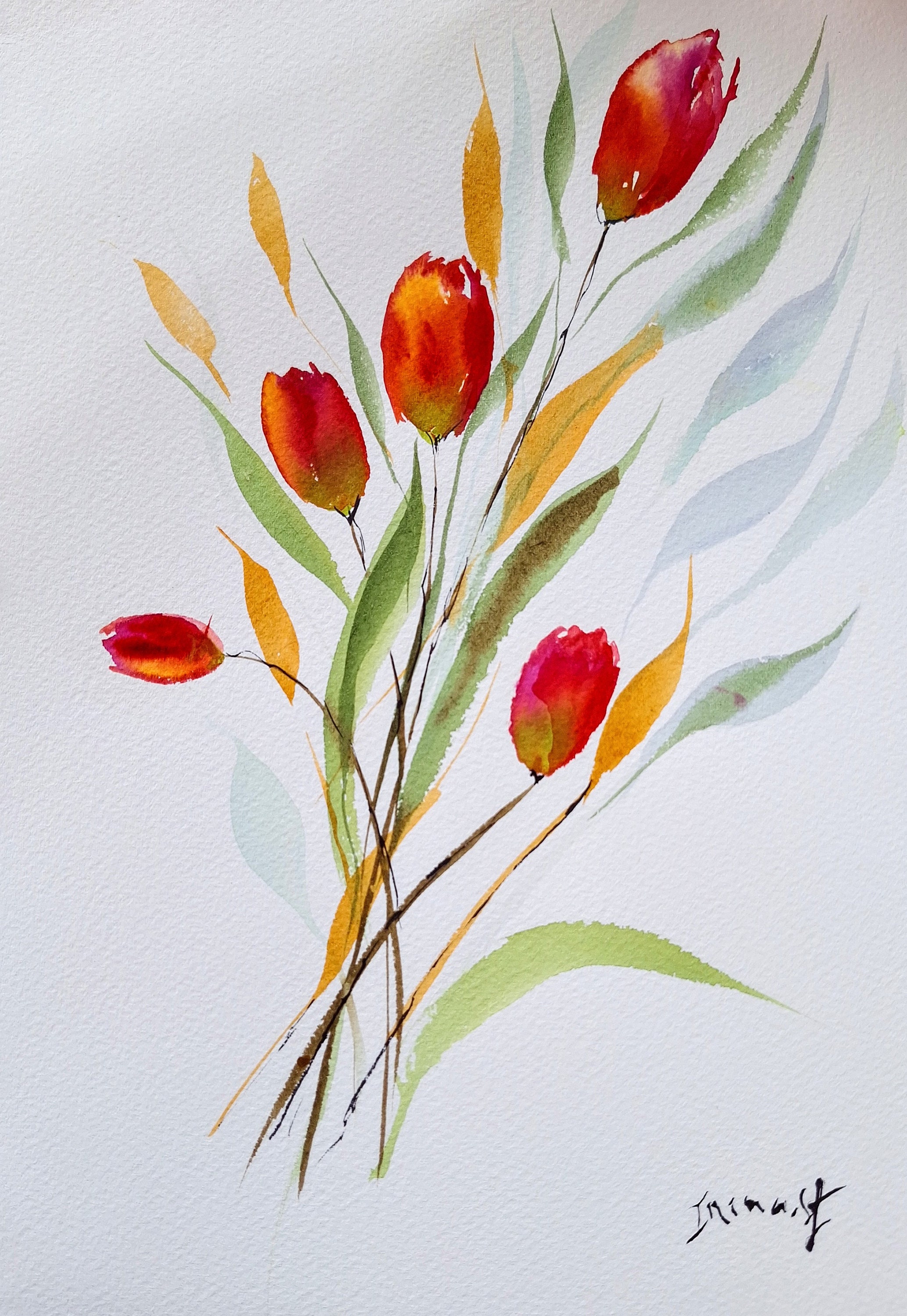 Wildflowers Red Tulips Original Watercolor Flower Boho Botanical Wall ...