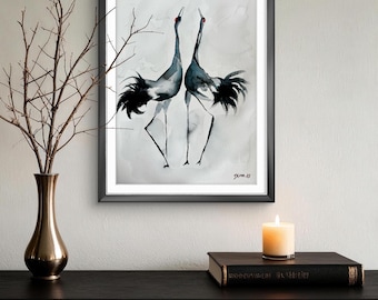 Eternal Dance Watercolor Cranes – Minimalist Wildlife Art (11x15 in)