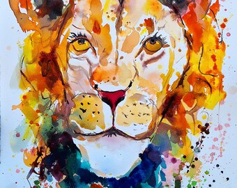 Colorful Lion Watercolor Painting: Original Art, 11x14 Cotton Paper