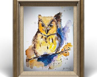 Original Watercolor Owl Painting: Colorful Bird Art, 11x14 inches