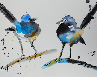 Blue Bird original Watercolor painting, Nature Art, Watercolor Art, Bird Art