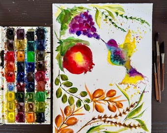 The seven species of blessed fruits of the Land of Israel Botanical with a hummingbird