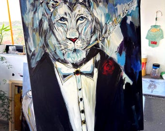 Handmade Gentleman Lion Portrait Painting on Canvas