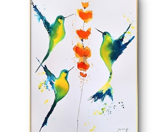 Three hummingbirds size 11/15 inch Colorful Watercolor Painting on Cotton Paper - original Single Painting