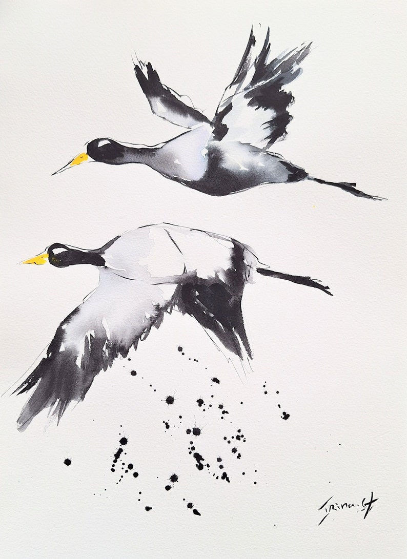 Original Crane Ink Drawing, Japanese Zen Wall Art, 11x15 Signed - Etsy