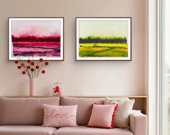 Original Watercolor Diptych Set, Pink Green Landscape Art, 100% Cotton Paper