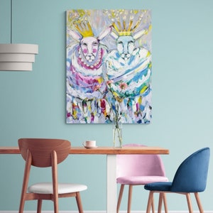 Colorful and happy sheep painting 23.6/31.5 inches I painted on a stretched canvas ready to hang on the wall