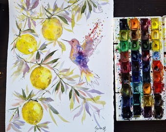 hummingbird wall art 11/15&quot; inchs original colorful watercolor painting, bird lovers