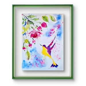 hummingbird wall art 11/15&quot; inchs original colorful watercolor painting, bird lovers