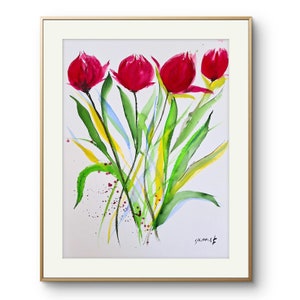 Tulpenblume buntes Aquarell auf Baumwollpapier - Einzelbild 28/30 cm