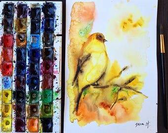 A  yellow bird Watercolor Painting on Cotton Paper - Single Painting original