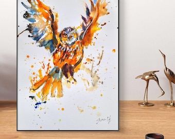 Handmade Watercolor Owl Painting: Colorful Illustration on Cotton Paper