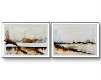 Original Watercolor Diptych Set, Moody Earth Tone Landscape, Minimalist Neutral Wall Art, 100% Cotton Paper