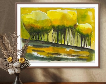 Original Watercolor Painting, Vibrant Sunlit Forest Landscape, Yellow Green Trees (11x15 inch)