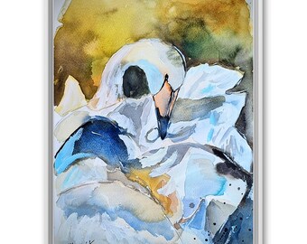 Swan Watercolor Painting - Original Colorful Bird Art, 11x15 on Cotton Paper