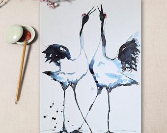 Dancing Cranes Watercolor Painting: Minimalist Japanese Art