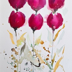 Wildblumen rosa Tulpen ursprüngliche Aquarell Blumen Boho botanische Wandkunst, neutrales minimalistisches Blumenbouquet 20 cm