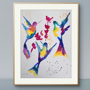 hummingbird wall art 11/15&quot; inchs original colorful watercolor painting, bird lovers