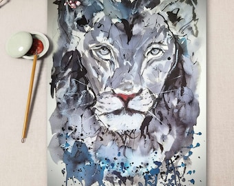 Lion Watercolor Painting: Animal Portrait, Colorful Wall Art on Cotton Paper