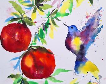 Pomegranate and hummingbird painting, handmade, single source , size 11/15 inch painting on fine cotton paper original watercolor painting