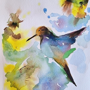 Handmade Hummingbird watercolor painting, Bird painting wall decor, Colorful Nature watercolor art 7.9/11.8 in single source painting