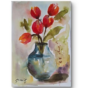 Tulpen Blume Handgefertigtes Aquarellbild 20x20 cm auf Baumwollpapier Das Original wird verkauft