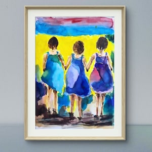Three Sisters original watercolor artwork three girls, three daughters,  sisters wall art, 11/15 inch Single Painting