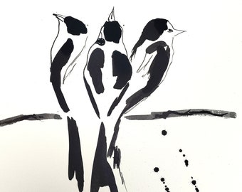 Bird painting handmade watercolor on fine cotton paper single painting black white artwork