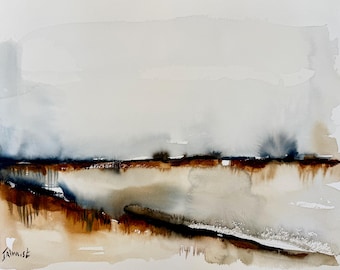 Original Watercolor Landscape Painting, Earth Tone Minimalist Nature Art (15x11)