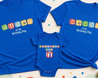 Camiseta de cumpleaños con bloques del alfabeto, camiseta familiar a juego con el alfabeto, conjunto neutro personalizado.