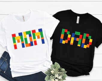 Camiseta de cumpleaños con bloques de construcción, nombre personalizado a juego para la familia, camiseta de fiesta para mamá y papá