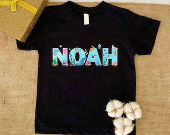 Camiseta de cumpleaños personalizada, camiseta infantil con nombre de animales del océano bajo el mar