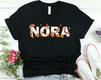 Camiseta personalizada de otoño con nombre, camiseta otoñal personalizada, camiseta acogedora con hojas de calabaza, regalo de temporada de otoño, camiseta gráfica con nombre personalizado