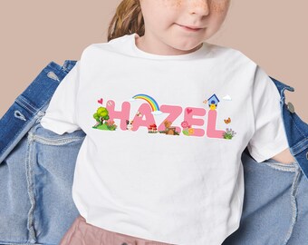 Camiseta personalizada con nombre de niña, camiseta floral arcoíris con animales del bosque, conjunto de cumpleaños inspirado en la naturaleza.