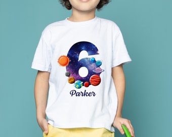 Camiseta personalizada de cumpleaños espacial, camiseta de planetas y galaxia, camiseta infantil para fiesta temática de planetas.