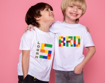Camisetas de bloques de construcción para cumpleaños de la familia, camisetas de cumpleaños con números de ladrillo