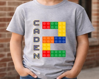 Camiseta de cumpleaños con bloques de construcción para niño, camiseta personalizada con número de ladrillo