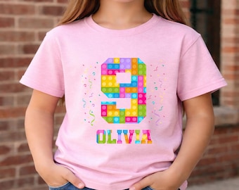 Camiseta de cumpleaños con bloques de construcción para niña, camiseta personalizada de cumpleaños con ladrillos para niña