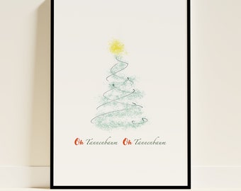 Weihnachtlicher Kunstdruck "Weihnachtsbaum mit Spruch Oh Tannenbaum" / Digitaler Download zum Ausdrucken für Ihr Zuhause oder als Postkarte
