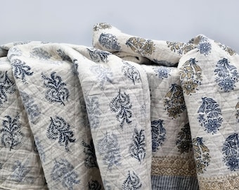 Boho Indian Handblock Print Quilt/Throw/Blanket With Tassels, Handblock floral Print Organic Cotton Sofa and Bed Throw Size: 135cm x 165cm