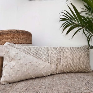 Bohemian Beige Lumbar Decorative Throw Pillow Cover, Cotton Hand Loom Woven 12x36 Inches, Long Lumbar Textured Pillow Case for Bed