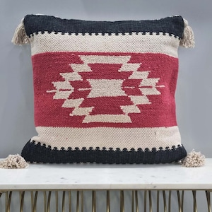 Multicolour Kilim Hand loom Woven Cotton Textured Cushion Cover 18x18 Inches Boho Decorative Throw Pillow Cushion Cover Textured Pillow Case