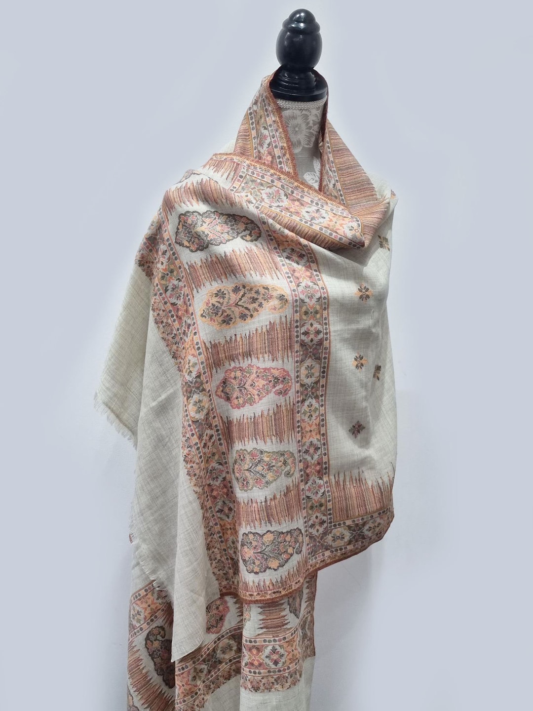 Grand Châle Pashmina En Laine Cachemire - Motif Paisley Gris - Fait Main Inde