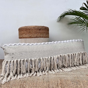 Bohemian Beige Lumbar Decorative Throw Pillow Cover, Cotton Hand Loom Woven 12x36 Inches, Long Lumbar Textured Pillow Case for Bed