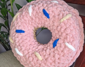 Plush Donut Pillow, Hand Knitted| Puffy Donut Toy: Birthday, Kids Gift, Alize Puffy Yarn | 30 cm (11.8 inches) | Various Colors and Options